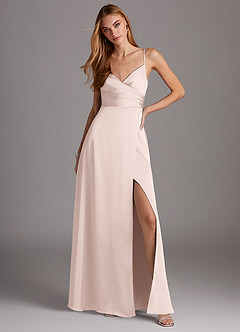 Azazie Calissa Bridesmaid Dresses Blushing Pink A-Line V-Neck Pleated Stretch Satin Dress image3