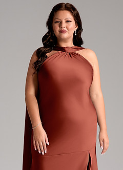 Azazie Kinsley Jurken voor bruidsmeisjes Jurk van Stretch Satijn met Zeemeermin Zijsplit Terracotta image13