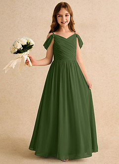Azazie Chelo Girls Formal Abiti da Ragazza di Fiori Abito A-Line in Chiffon Plissettato Oliva image1