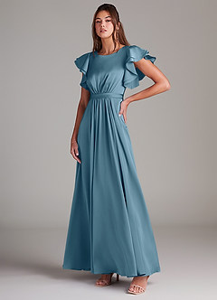 Azazie Daphne Modest Bridesmaid Dresses A-Line Ruched Stretch Satin Floor-Length Dress image4
