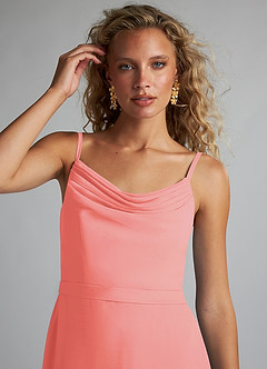 Azazie Summer Bridesmaid Dresses Coral Mermaid Scoop Cowl Chiffon Dress image5