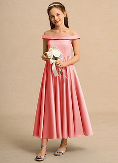 Azazie Teeny Junior Formal vestidos de niña de las flores Vestido de Coral de Satin Mate de Corte en A con Plisado image1