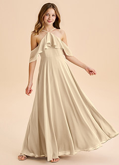 Azazie Tessabelle Junior Champagne A-Line Off the Shoulder Chiffon Dress image4