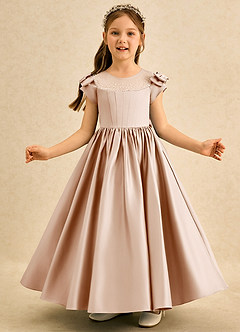 Azazie Toffee Abiti da Ragazza di Fiori Abito Stile Principessa in Raso Opaco Fiocco Rosa Inglese image3