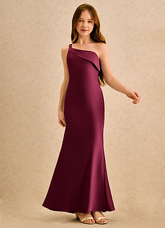 Azazie Almond Girls Formal Flower Girl Dresses Burgundy Sheath One Shoulder Stretch Satin Dress image6