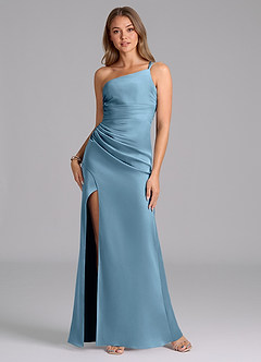 Azazie Eren Bridesmaid Dresses Steel Blue Mermaid One Shoulder Stretch Satin Dress image1