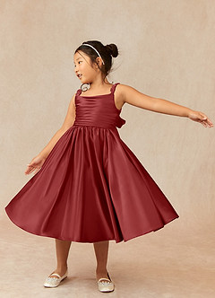 Azazie Cutie Pie Flower Girl Dresses Rust A-Line Pleated Matte Satin Dress image3
