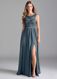 Azazie Elly Bridesmaid Dresses Twilight A-Line Lace Stretch Satin Dress image2