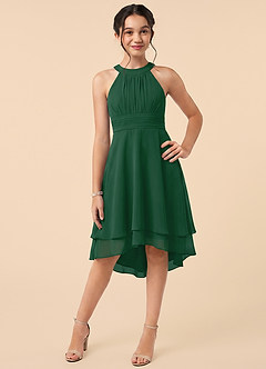 Azazie Linna Junior Dark Green A-Line Pleated Chiffon Dress image1