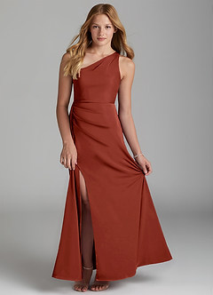 Azazie Maron Junior Terracotta A-Line Pleated Stretch Satin Dress image1