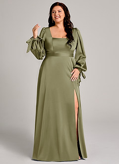 Azazie Leonia Abiti da Damigella Abito A-Line in Raso Elasticizzato Manica Lunga Pistacchio image10