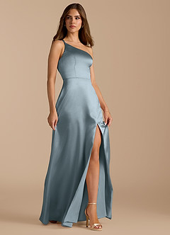 Azazie Trina Vestidos de damas de honor Vestido de Azul Polvoriento de Satén Metálico de Corte en A con Hombro unilateral image6