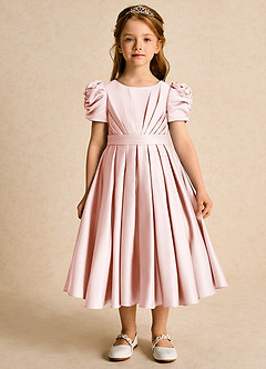 Azazie Miriam Flower Girl Dresses Blushing Pink Ball-Gown Pleated Matte Satin Dress image4