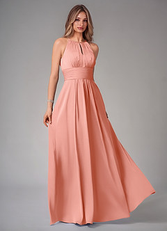 Azazie Bonnie Bridesmaid Dresses Coral A-Line Pleated Stretch Satin Dress image1