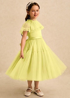 Azazie Kennedy Robe Demoiselle D'honneur Fillette Robe Trapèze en Tulle Rayé Canari image3