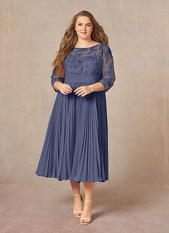 Azazie Tutu Mère de la mariée Robes Robe Trapèze en Mousseline de soie Col bateau Dentelle Bleu Orageux image7