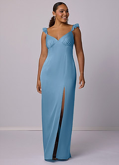 Barbie ♥ Azazie Final Sale Steel Blue Sheath Stretch Satin Dress image8