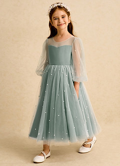 Azazie Trudy Blumenmädchenkleider Ballkleid Herzausschnitt Tüll Kleid Eukalyptus image4