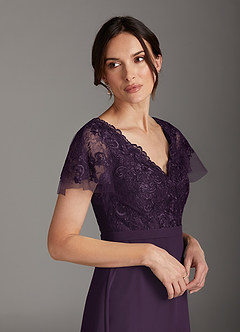 Azazie Singer Mother of the Bride Dresses Plum A-Line V-Neck Lace Chiffon Dress image5