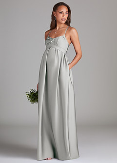 Azazie Llana Maternity Bridesmaid Dresses A-Line Stretch Satin Floor-Length Dress with Pockets image1