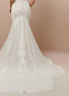 Azazie Camlynn Wedding Dresses Diamond White Champagne Mermaid V-Neck Sequins Tulle Dress image8