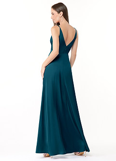 Azazie Dalilah Final Sale Ink Blue A-Line V-Neck Pleated Stretch Satin Dress image2