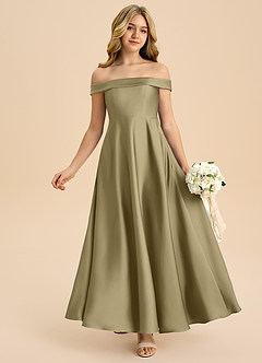 Azazie Sissy Junior Abito A-Line in Raso Elasticizzato a Spalla Scoperta Verde Muschio image1