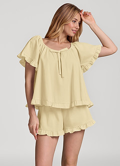 front Kurzarm-Baumwollpyjama-Set mit Rüschen und Schleife