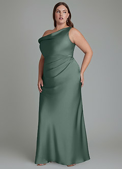 Azazie Emerson Bridesmaid Dresses Sea Moss Mermaid Off the Shoulder Stretch Satin Dress image11