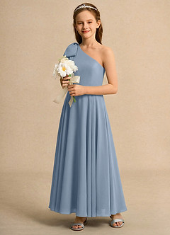 Azazie Guppy Junior Formal Flower Girl Dresses Dusty Blue A-Line One Shoulder Chiffon Dress image6