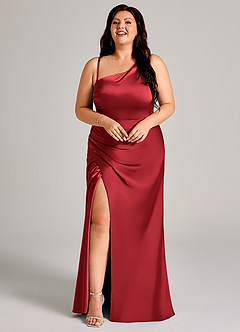 Azazie Madelyn Robes de demoiselle d'honneur Robe Sirène Convertible en Satin extensible Une épaule Écarlate image15