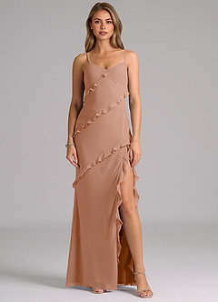 Azazie Nancie Jurken voor bruidsmeisjes Jurk van Chiffon met Zeemeermin Ruches Champagne Roos image1