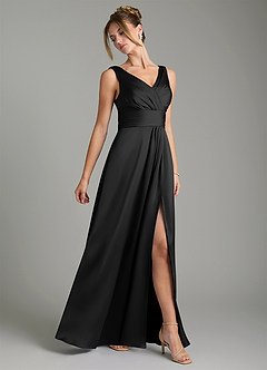 Azazie Karina Robes de demoiselle d'honneur Robe Trapèze en Satin extensible Plissée Noir image4