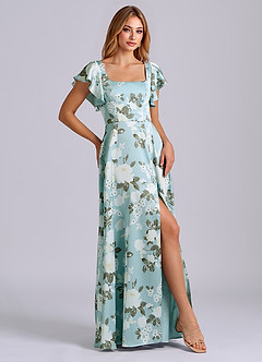 Azazie Bondi Bridesmaid Dresses Misty Floral Garden A-Line Bow Stretch Satin Dress image5