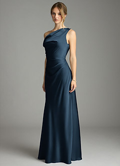 Azazie Emerson Bridesmaid Dresses Dark Navy Mermaid Off the Shoulder Stretch Satin Dress image4
