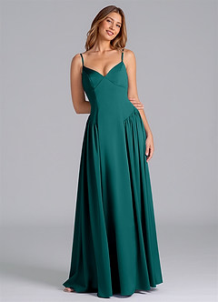 Azazie Kirby Bridesmaid Dresses Peacock A-Line Stretch Satin Dress image1