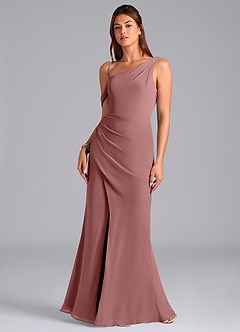 Azazie Madelyn Bridesmaid Dresses Desert Rose Mermaid One Shoulder Chiffon Convertible Dress image4