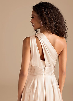 Azazie Charlize Bridesmaid Dresses Blushing Pink A-Line One Shoulder Metallic Satin Dress image5