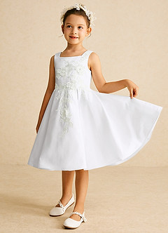 Azazie Kata vestidos de niña de las flores Vestido de Blanco de Satin Mate de Corte En A con Encaje image4