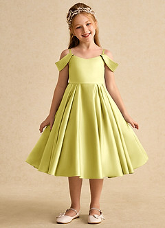 Azazie Favia Blumenmädchenkleider A-Linie Schulterfrei Matte Satin Kleid Zitronensorbet image2