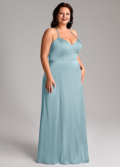 Azazie Mei Vestidos de damas de honor Vestido de Azul Malhumorado de Satén Elástico de Corte en A con Cuello en V image10