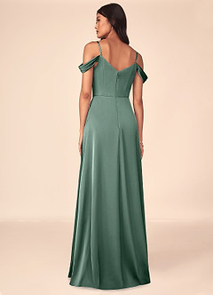 Azazie Ocean Bridesmaid Dresses Eucalyptus A-Line V-Neck Pleated Stretch Satin Dress image2