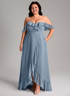 Azazie Lyra At-home Try On Dresses Dusty Blue A-Line Chiffon Convertible Dress image11