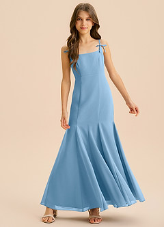 Azazie Evey Junior Abito Sirena in Chiffon Plissettato Blu Acciaio image3