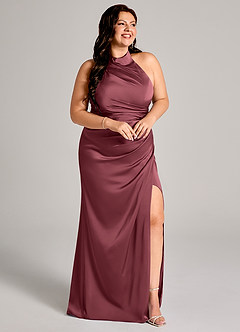 Azazie Jemma Bridesmaid Dresses Merlot Sheath Pleated Stretch Satin Dress image11