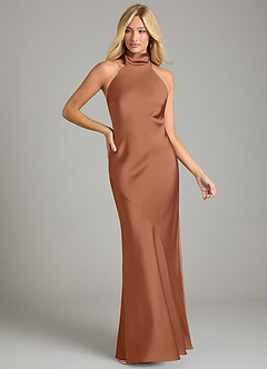 Azazie Velli Bridesmaid Dresses Bronzer Mermaid High Neck Stretch Satin Dress image3