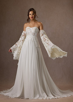 Azazie Rhya Hochzeitskleider A-Linie Schulterfrei Spitze Kleid Diamantweiß Champagner image8