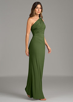 Azazie Akilah Bridesmaid Dresses Olive Mermaid One Shoulder Premium Stretch Jersey Dress image3