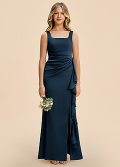 Azazie Adrienne Junior Dark Navy Sheath Pleated Stretch Satin Dress image3