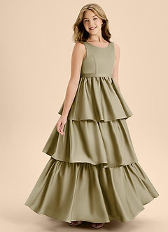 Azazie Meadowyn Junior Vestido de Musgo Verde de Satén Elástico de Corte En A con Lazo image3